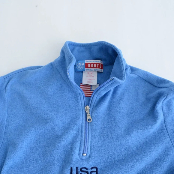 Roots Y2K US Olympics Blue Embroidered 2002 Half Zip Fleece Pullover Sweater  M - Picture 10 of 10
